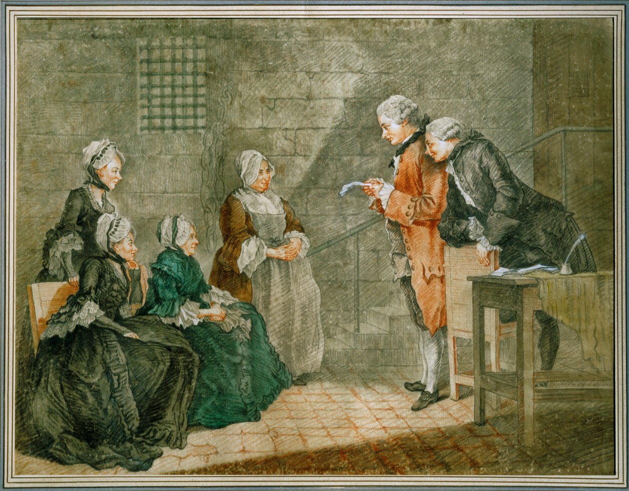 La malheureuse famille Calas - Enke og børn Calaslytter i Conciergerie-fængslet til ophævelsen af dommen mod faderen ... af Louis Carrogis