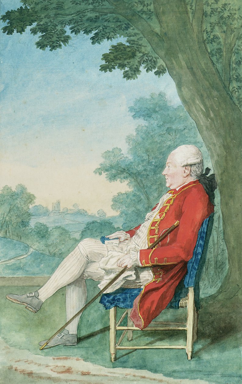 Mr. O"Flanagan siddende i profil til venstre i en park, 1771 af Louis Carrogis