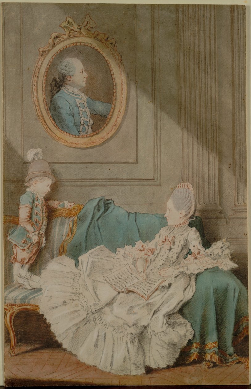 Madame Millin du Perreux og hendes søn, med et malet portræt..., ca. 1760. af Louis Carrogis dit Carmontelle