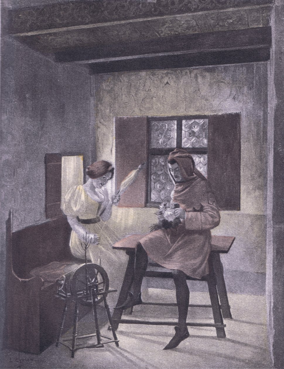 Simona spinning, illustration fra Decameron af Boccaccio udgivet af Navarre Society 1930