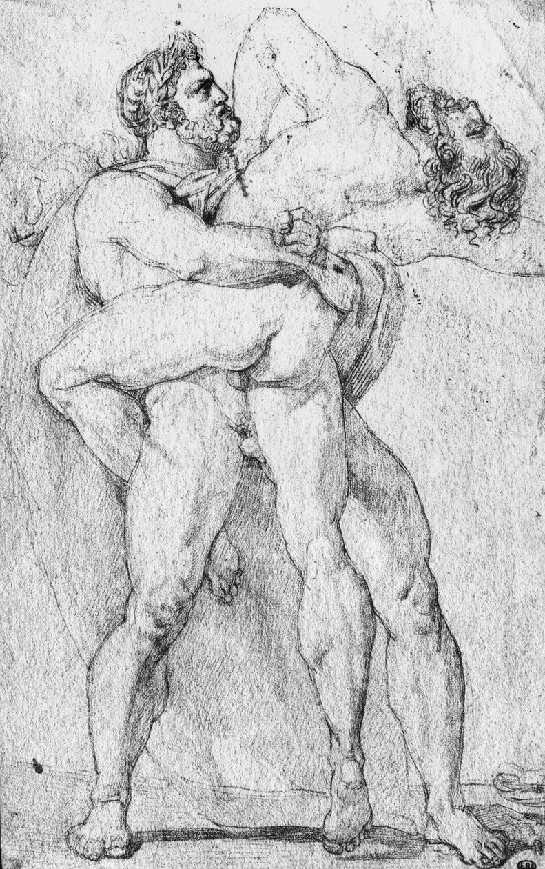 Hercules kvæler Antaeus (grafitblyant på papir) af Louis Charles Auguste Couder