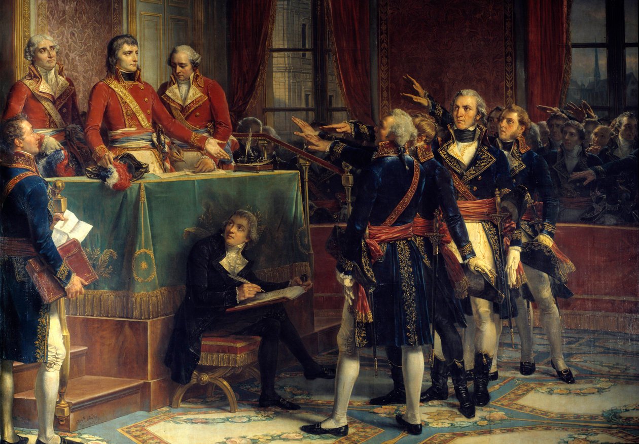 De tre konsuler: Bonaparte, Cambaceres og Lebrun, der modtager ed fra præsidenter Til højre, Emmanuel-Joseph (Emmanuel Joseph) Sieyes (1748-1836) og Pierre-Roger (Pierre Roger) Ducos (Roger Ducos) (1747-1816). Maleri af Louis Charles Auguste Coud af Louis Charles Auguste Couder