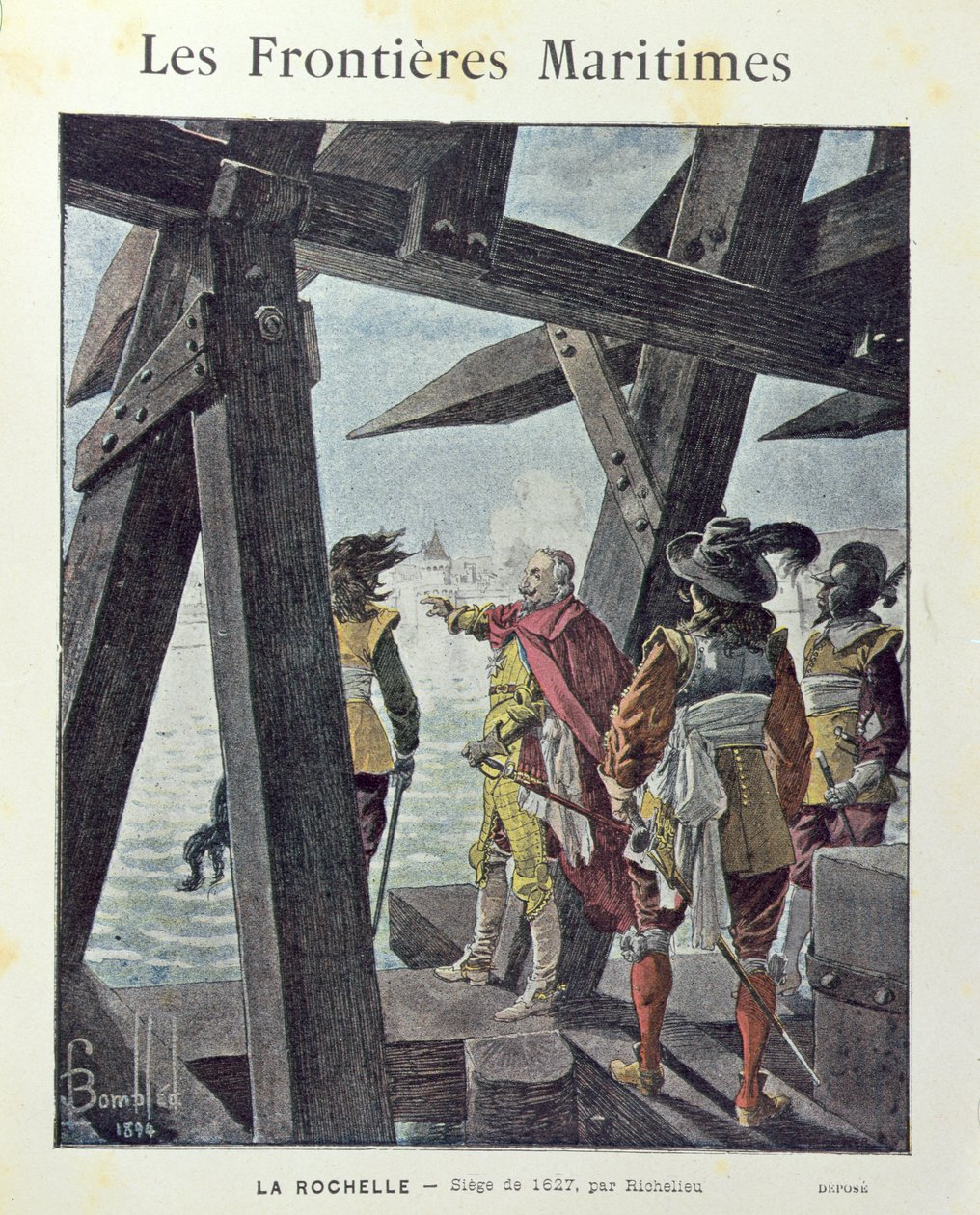 Armand-Jean du Plessis, kardinal de Richelieu (1585-1642) ved belejringen af la Rochelle i 1627, omslag til skoleøvebog ca. 1894 af Louis Charles Bombled