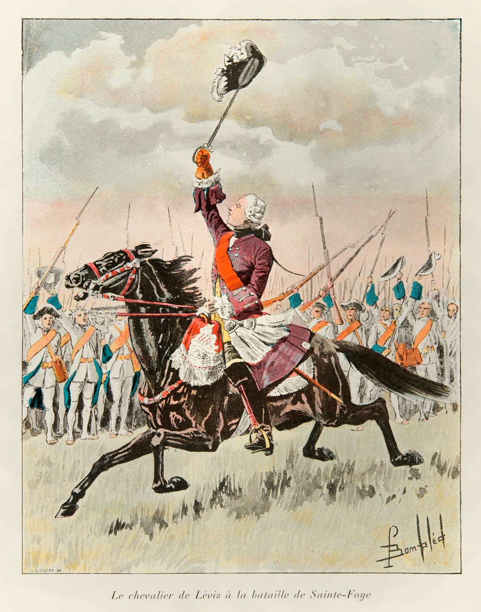 bombede Louis (1862 - 1927); Chevalier de Levis (Francois Gaston de Levis 1719 - 1787) ved slaget ved Sainte Foy i 1760 mod englænderne; Eugene Guenins historie om det nye Frankrig - 1900 - Coll, del. af Louis Charles Bombled