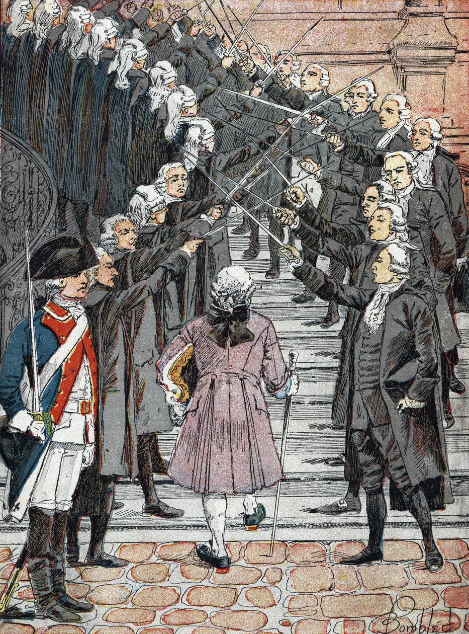 Fransk revolution: Kongen af Frankrig, Ludvig XVI, indkaldt til at komme til rådhuset i Paris krydser vagternes "" stålhvælving" af Louis Charles Bombled