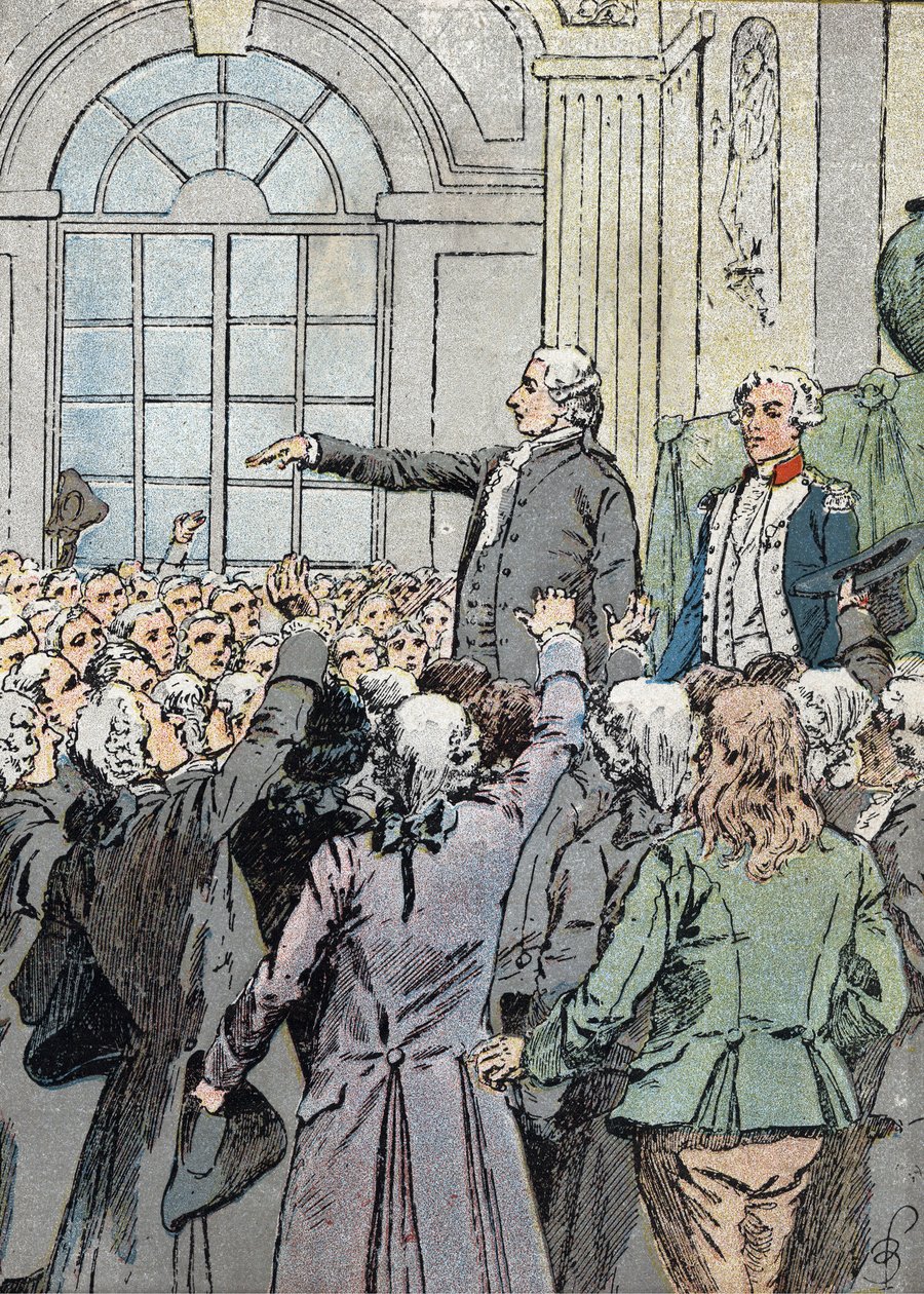 Fransk revolution: "" Deputerede Jean Sylvain Bailly (1736-1793) blev valgt til borgmester i Paris den 15/07/1789 i nærværelse af La Fayette"" (politisk leder Jean-Sylvain Bailly valgt som borgmester i Paris den 15. juli 1789) Illustration af Louis Charles af Louis Charles Bombled
