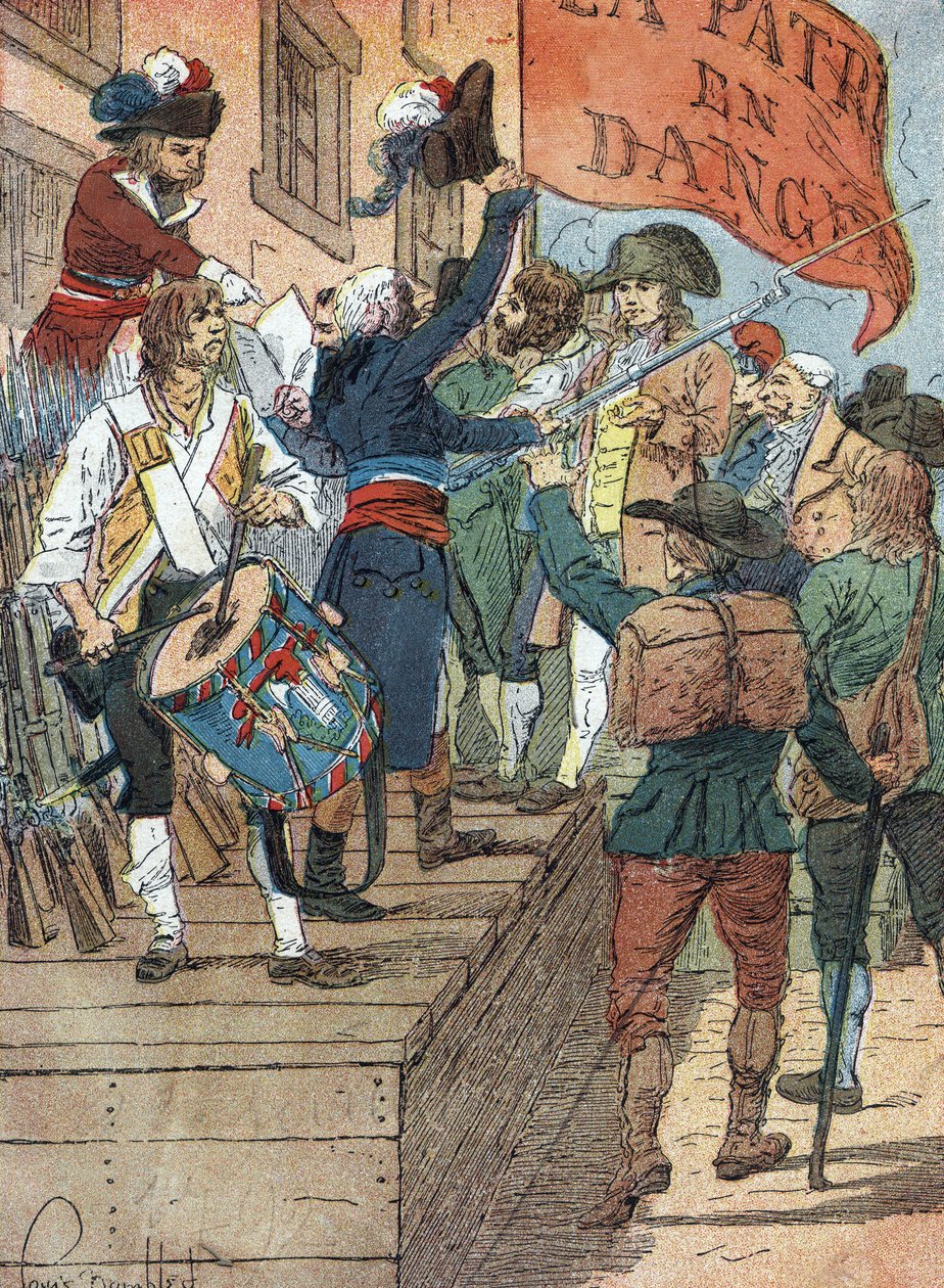 Franske revolutionskrige: frivillige hvervninger efter Frankrigs nederlag i krigen mellem det revolutionære Frankrig og kontrarevolutionære monarkier, den franske forsamling proklamerer faren for hjemlandet, 22. juli 1792) Illustration af Louis Charles af Louis Charles Bombled