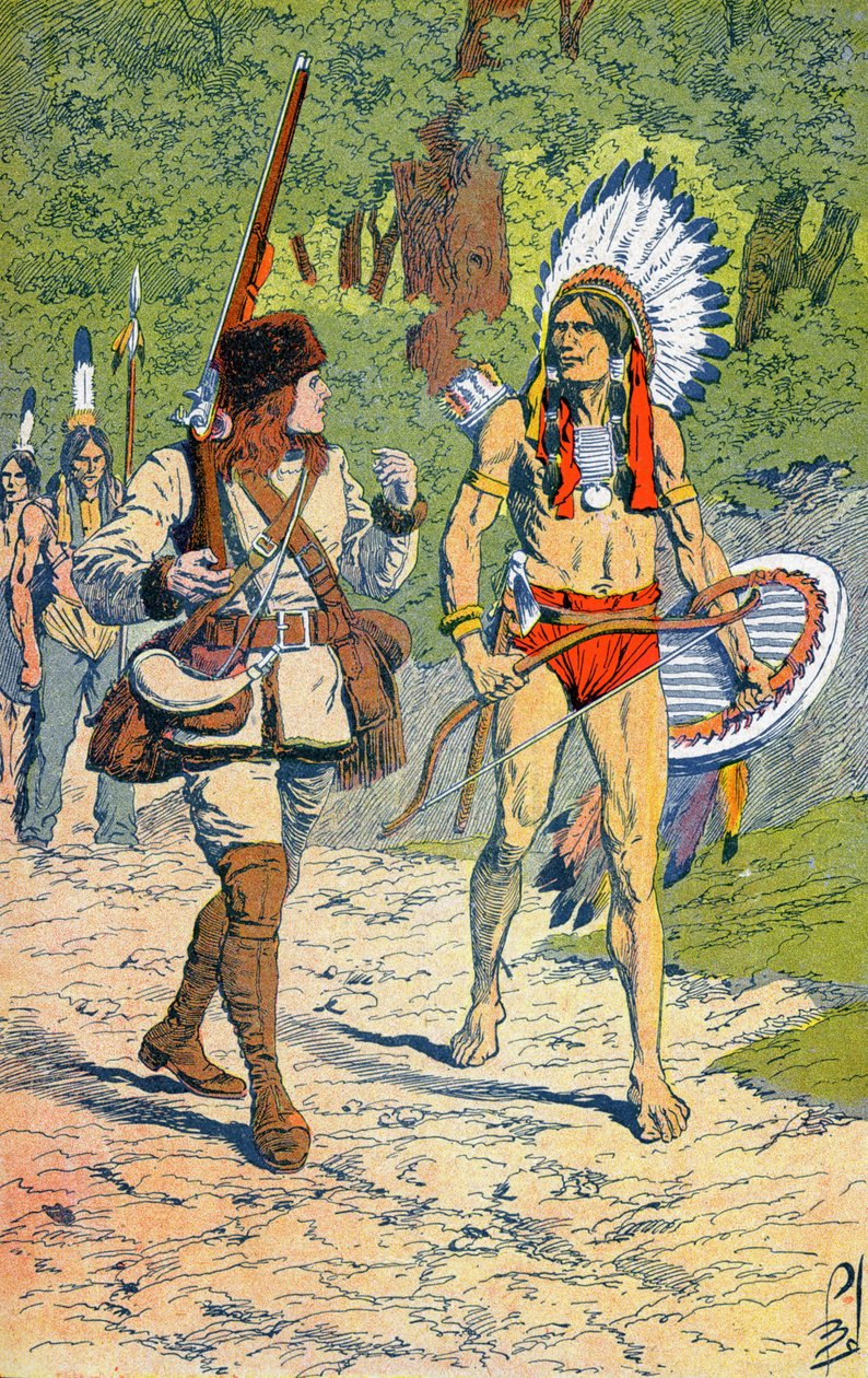Franske fangstmænd med indianere i Amerika af Louis Charles Bombled