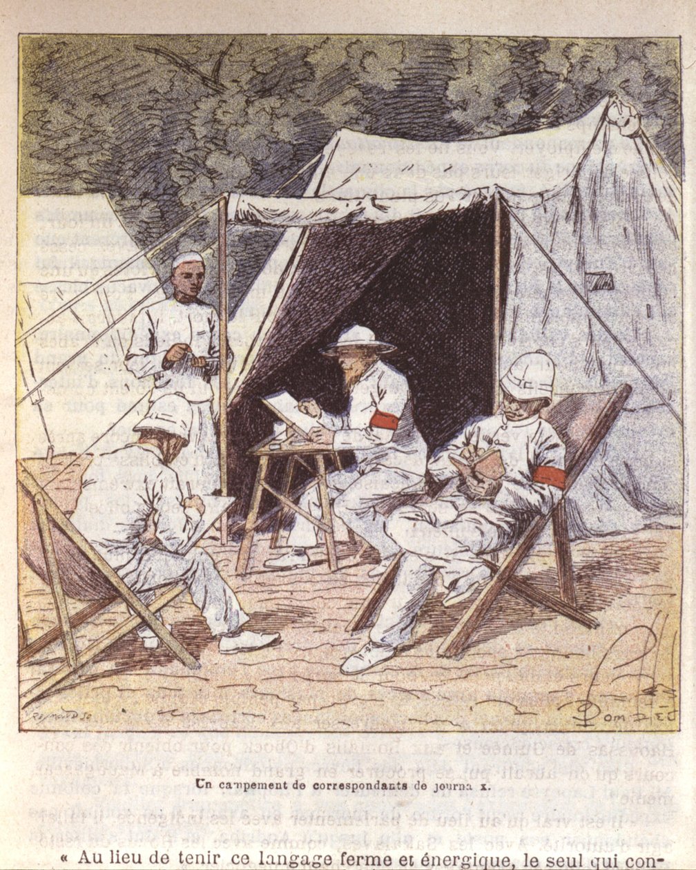 Franske krigskorrespondenter i Madagaskar på tidspunktet for dets annektering af Frankrig 1895-96 (farve litho) af Louis Charles Bombled