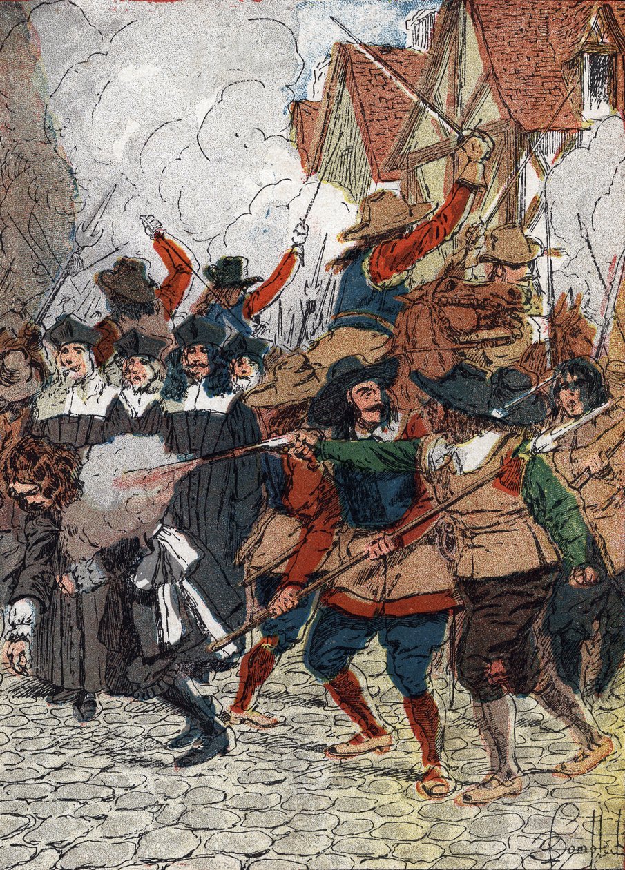 Fronde (1648-1653): på stråtagets dag den 4/07/1652 blev rådhuset brændt og omkring tredive notabiliteter, som blev til fordel for kong Ludvig XIV, fordi de ønskede at afslutte belejringen af Paris, blev massakreret af soldater forklædt som arbejdere - (Fr af Louis Charles Bombled
