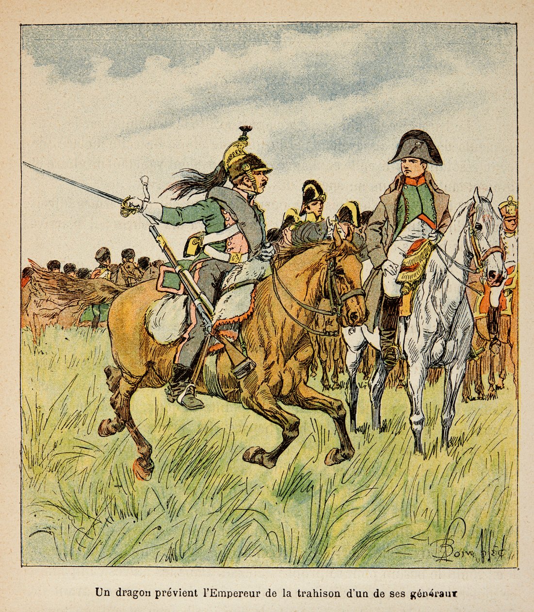 Illustration af Bombled Louis (1862-1927) efter grev Emmanuel de Las Cases (1766-1842): En drage advarer kejseren om en af hans generals forræderi i slaget ved Waterloo i juni 1815, Private Collection af Louis Charles Bombled