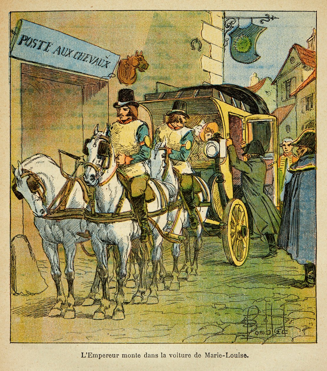 Illustration af Bombled Louis (1862-1927) fra bogen "The Memorial of Saint Helene" af Grev Emmanuel de Las Cases (1766-1842): Kejser Napoleon kører i bilen for at møde sin kone Marie Louise i 1810, Privatsamling af Louis Charles Bombled