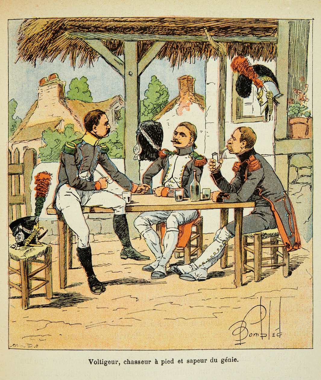 Illustration af Bombled Louis (1862-1927) fra bogen "The Memorial of Saint Helene" af Grev Emmanuel de Las Cases (1766-1842): Armee Francaise: Voltigeur; jæger og åndens sapeur, privat samling af Louis Charles Bombled