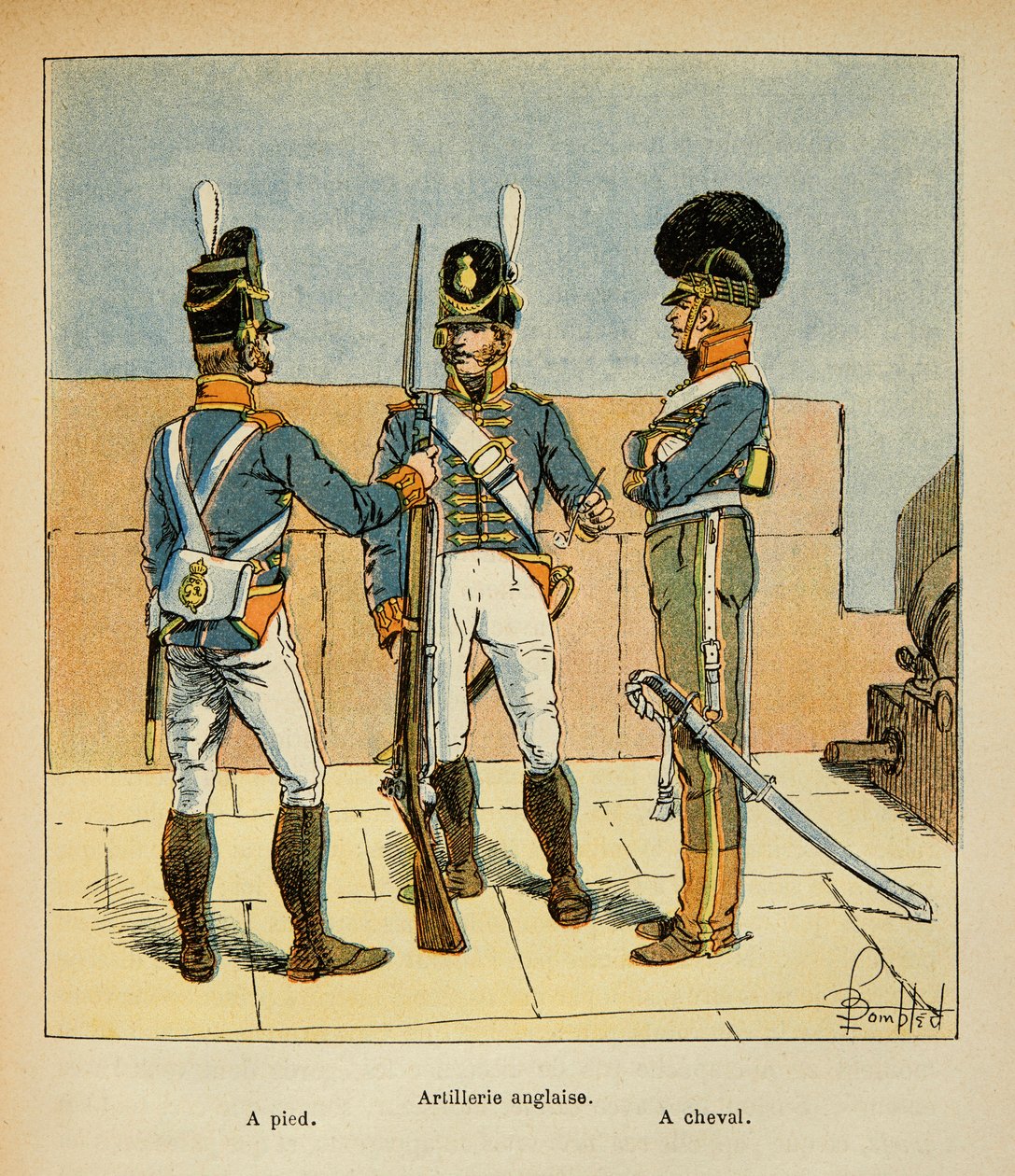Illustration af Bombled Louis (1862-1927) fra bogen "The Memorial of Saint Helene" af Grev Emmanuel de Las Cases (1766-1842): Engelsk Artilleri: Til fods; Til hest, Privat Samling af Louis Charles Bombled