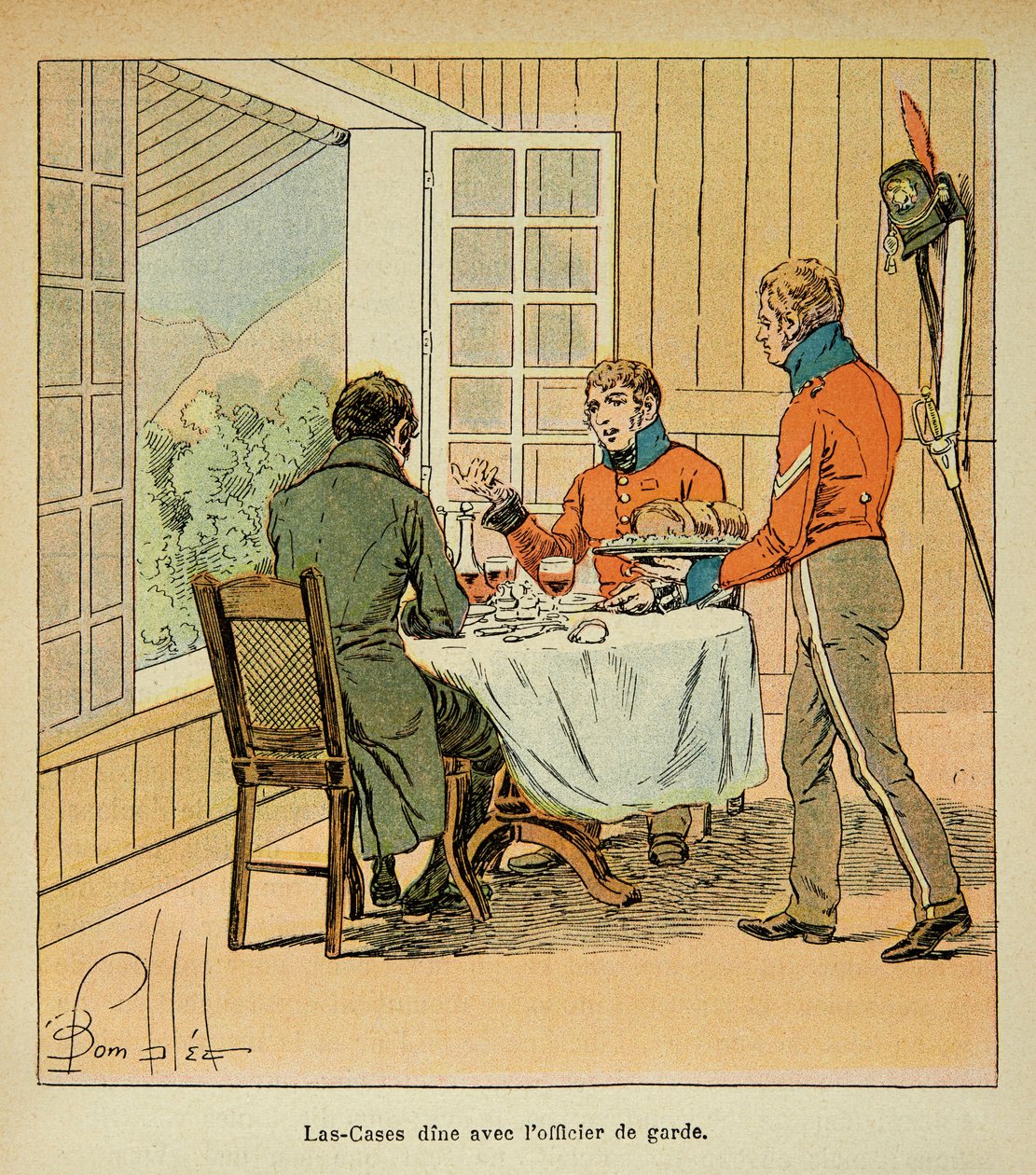 Illustration af Bombled Louis (1862-1927) fra bogen "The Memorial of Saint Helene" af grev Emmanuel de Las Cases (1766-1842): Middag mellem Las Cases og vagtofficeren, privat samling af Louis Charles Bombled