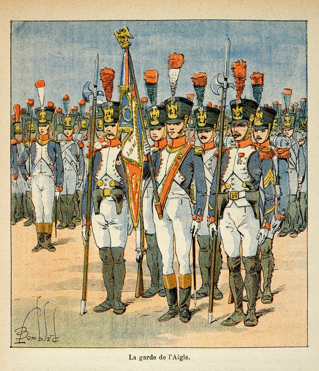 Illustration af Bombled Louis (1862-1927) fra bogen "The Memorial of Saint Helene" af grev Emmanuel de Las Cases (1766-1842): The Guard of the Eagle (skabt af Napoleon for at beskytte flaget), Privat samling af Louis Charles Bombled