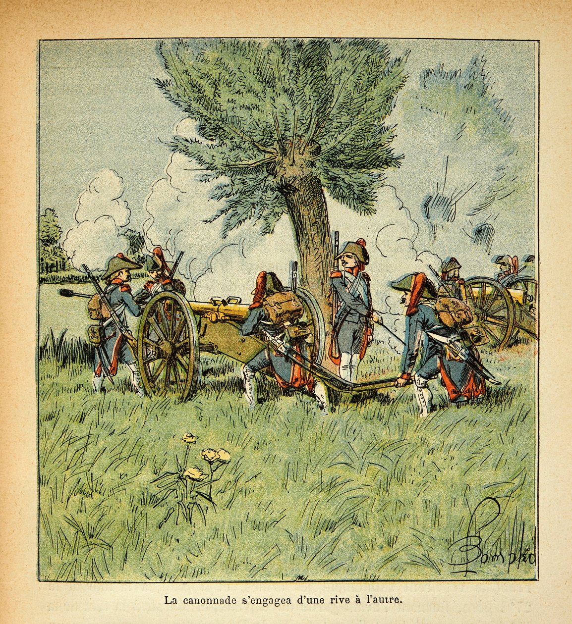 Illustration af Bombled Louis (1862-1927) fra bogen "The Memorial of Saint Helene" af grev Emmanuel de Las Cases (1766-1842): Fransk artilleri under den italienske kampagne, privat samling af Louis Charles Bombled