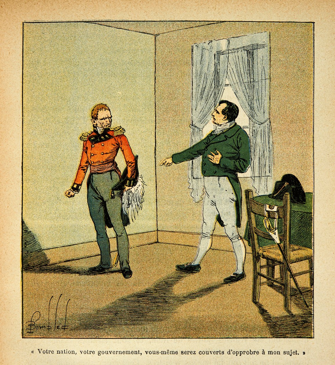 Illustration af Bombled Louis (1862-1927) fra bogen "The Memorial of Saint Helene" af Grev Emmanuel de Las Cases (1766-1842): Kejser Napoleon bebrejder guvernør Hudson Lowe (1769-1844) for hans opførsel over for ham, Collection Partial af Louis Charles Bombled