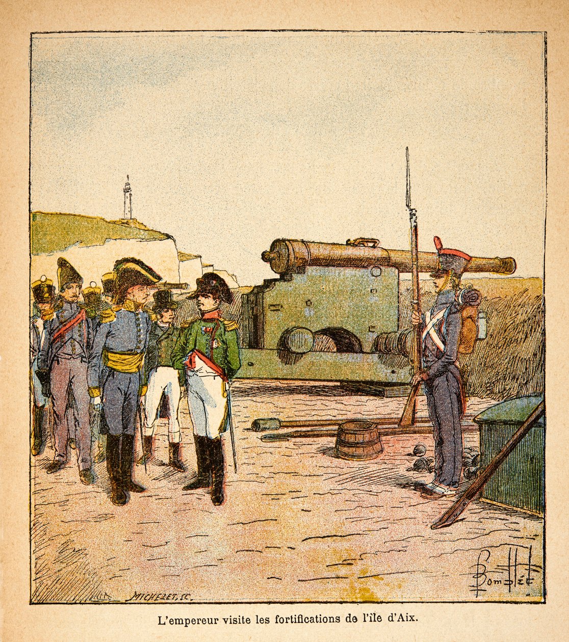 Illustration af Bombled Louis (1862-1927) fra bogen "The Memorial of Saint Helene" af Grev Emmanuel de Las Cases (1766-1842): Kejser Napoleon besøger befæstningerne på øen Aix efter sin abdikation, Privatsamling af Louis Charles Bombled