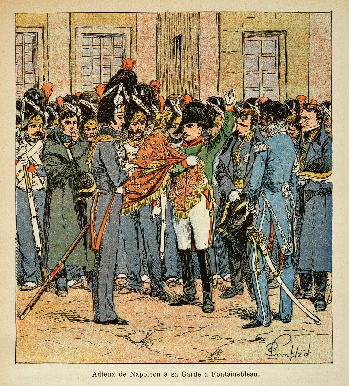 Illustration af Bombled Louis (1862-1927) fra bogen "The Memorial of Saint Helene" af Grev Emmanuel de Las Cases (1766-1842): Napoleons farvel har sin vagt i Fontainebleau, Privatsamling af Louis Charles Bombled