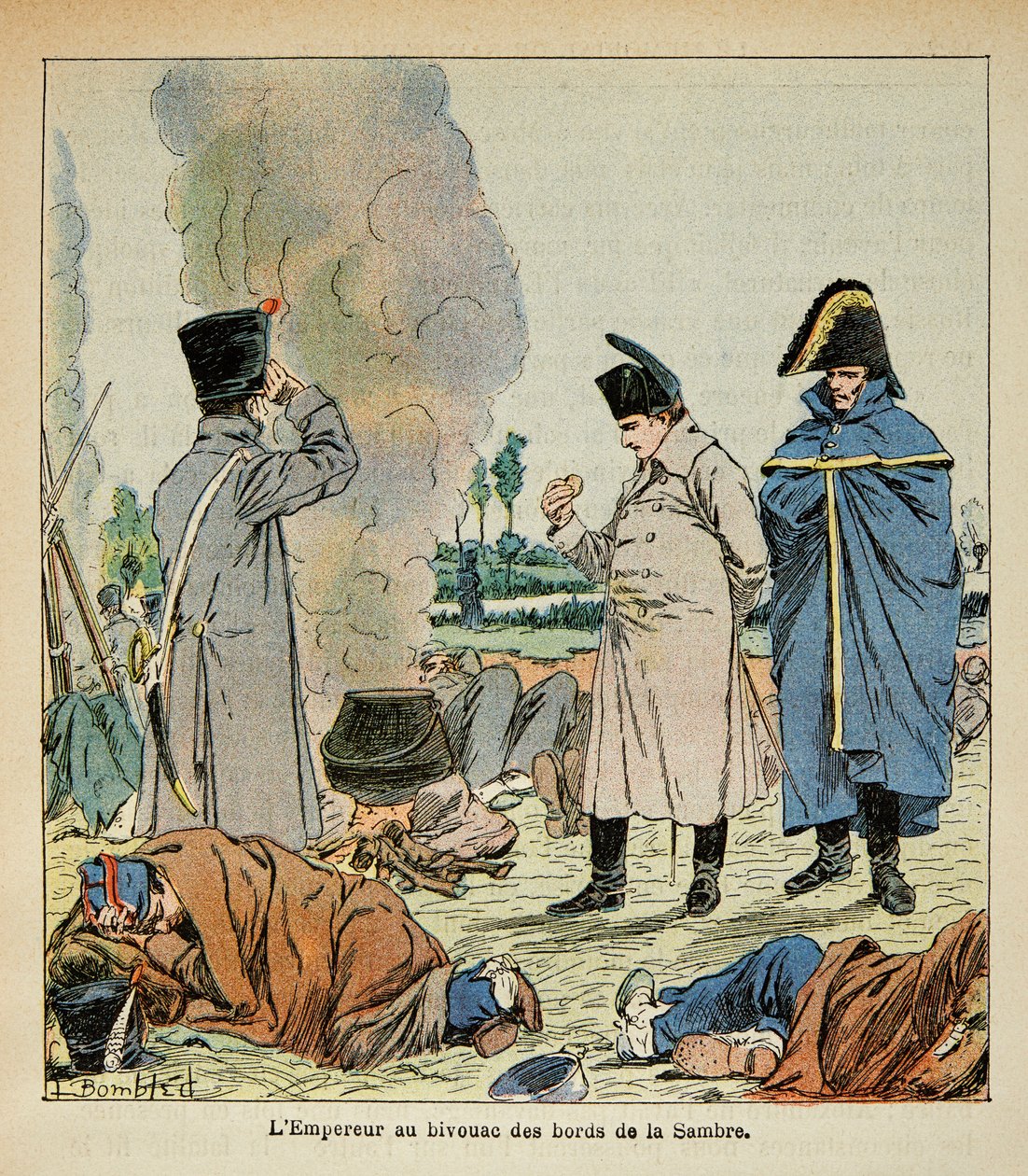 Illustration af Bombled Louis (1862-1927) fra bogen "The Memorial of Saint Helene" af Grev Emmanuel de Las Cases (1766-1842): Napoleon under en bivuak spiser soldaternes brød, Privatsamling af Louis Charles Bombled