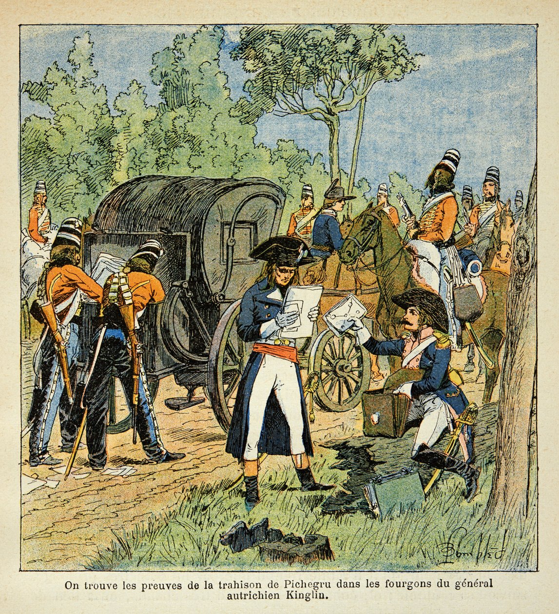Illustration af Bombled Louis (1862-1927) fra bogen "The Memorial of Saint Helene" af Grev Emmanuel de Las Cases (1766-1842): Under passagen af Rhinen opdager Moreau korrespondancen mellem Pichegru og prinsen af Conde i varebilerne af af Louis Charles Bombled