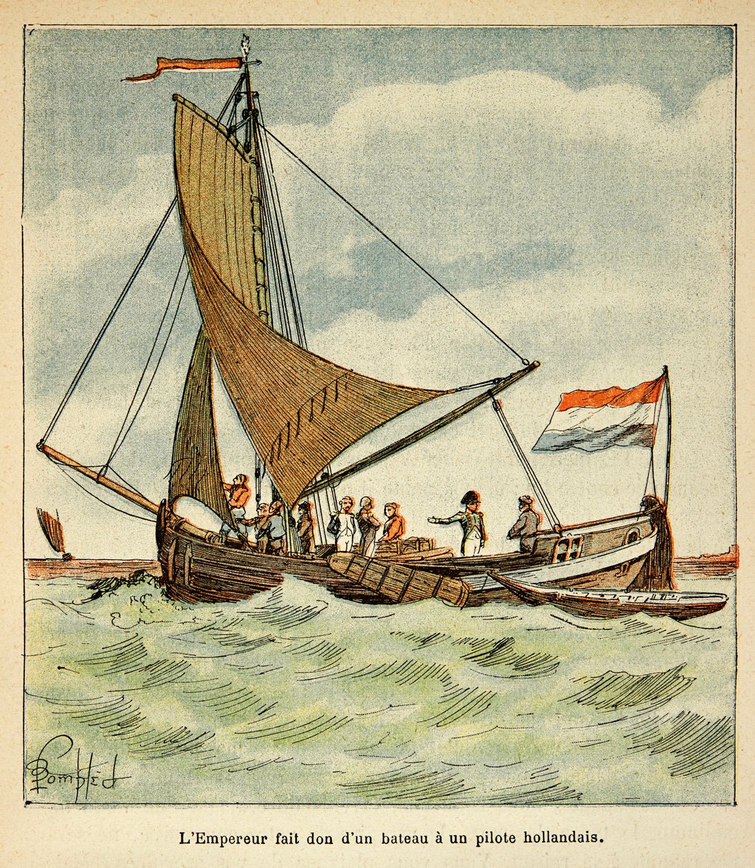 Illustration af Bombled Louis (1862-1927) fra bogen "The Memorial of Saint Helene" af Grev Emmanuel de Las Cases (1766-1842): Napoleon donerede en båd til en hollandsk pilot under hans besøg i Holland af Louis Charles Bombled