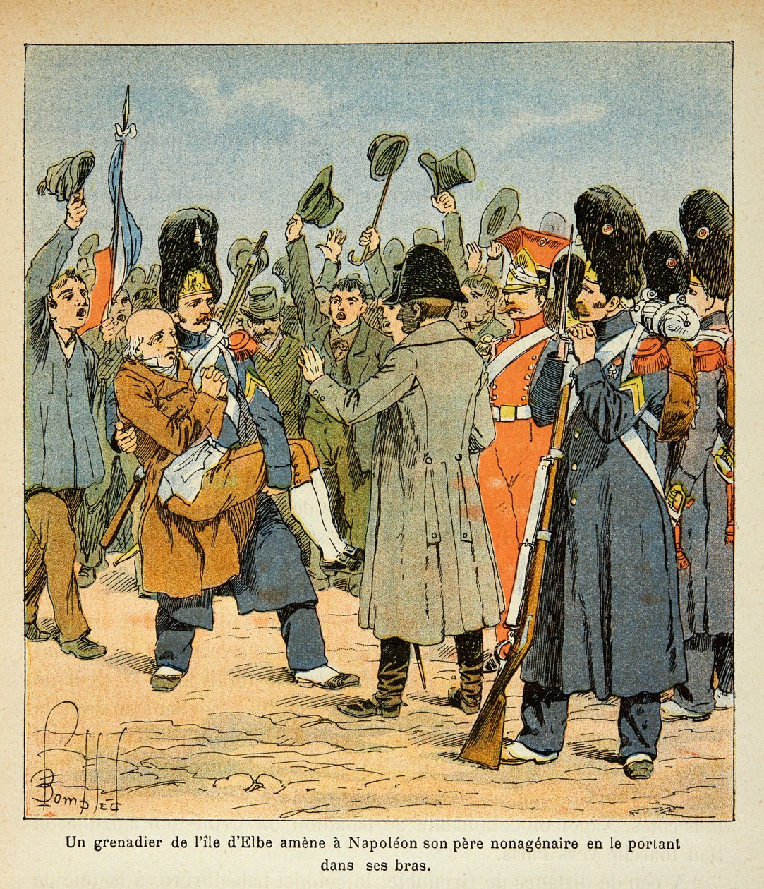 Illustration af Bombled Louis (1862-1927) fra bogen "The Memorial of Saint Helene" af grev Emmanuel de Las Cases (1766-1842): En grenadier bringer sin ikke-aldrende far til Napoleon ved at bære ham i sine arme, da han vender tilbage fra Elba-øen, menig obe af Louis Charles Bombled