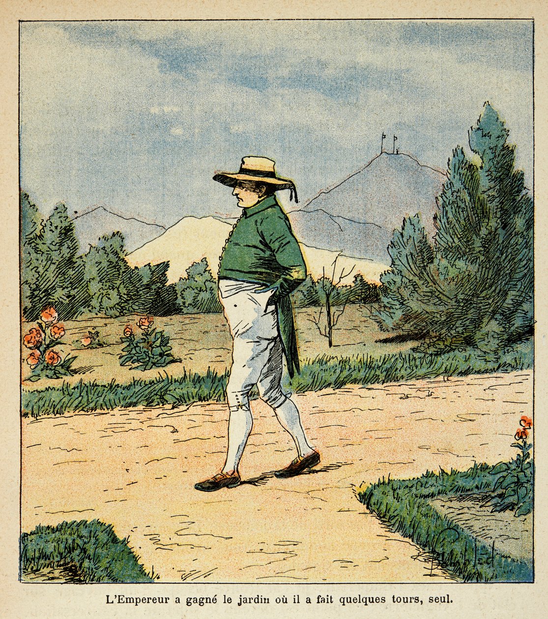 Illustration af Bombled Louis (1862-1927) fra bogen "The Memorial of Saint Helene" af Grev Emmanuel de Las Cases (1766-1842): Kejser Napoleon går i sin have ved St. Helene i september 1816, privat samling af Louis Charles Bombled