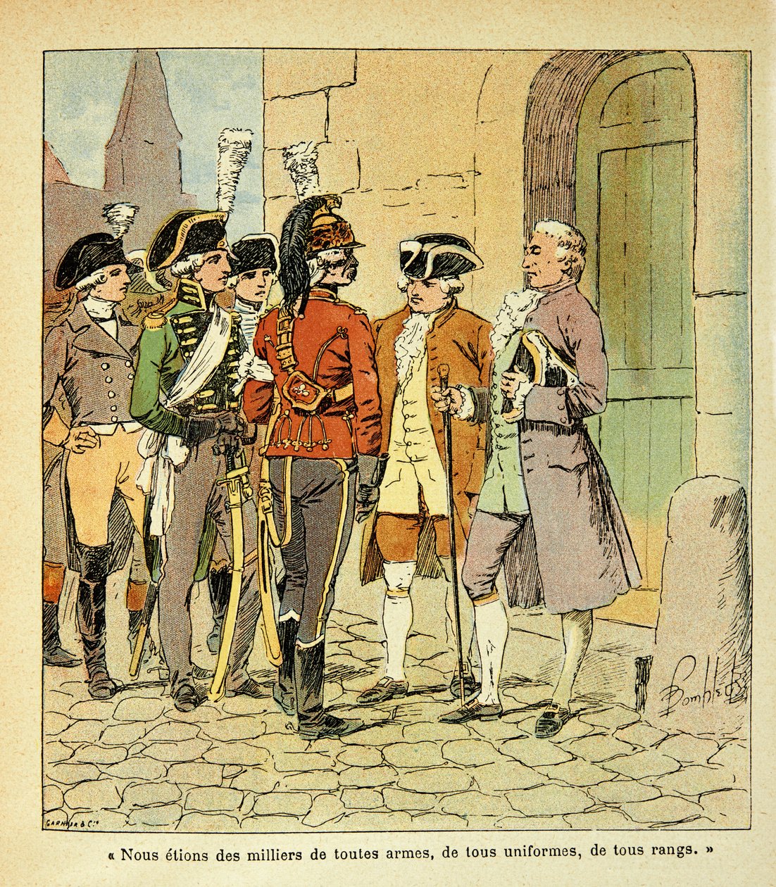 Illustration af Bombled Louis (1862-1927) fra bogen "The Memorial of Saint Helene" af Grev Emmanuel de Las Cases (1766-1842): Emigrers to Coblenz (Koblenz) under the Revolution, Privat Samling af Louis Charles Bombled