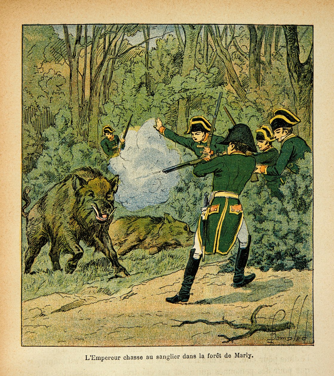 Illustration af Bombled Louis (1862-1927) fra bogen "The Memorial of Saint Helene" af grev Emmanuel de Las Cases (1766-1842): Kejser Napoleon jager vildsvin i skoven ved Marly, Private Collection af Louis Charles Bombled