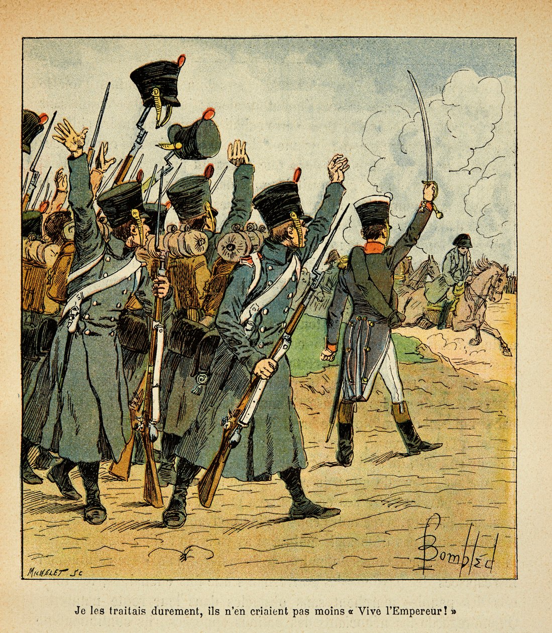 Illustration af Bombled Louis (1862-1927) fra bogen "The Memorial of Saint Helene" af greve Emmanuel de Las Cases (1766-1842): Tropperne hyldes til kejser Napoleon, privat samling af Louis Charles Bombled