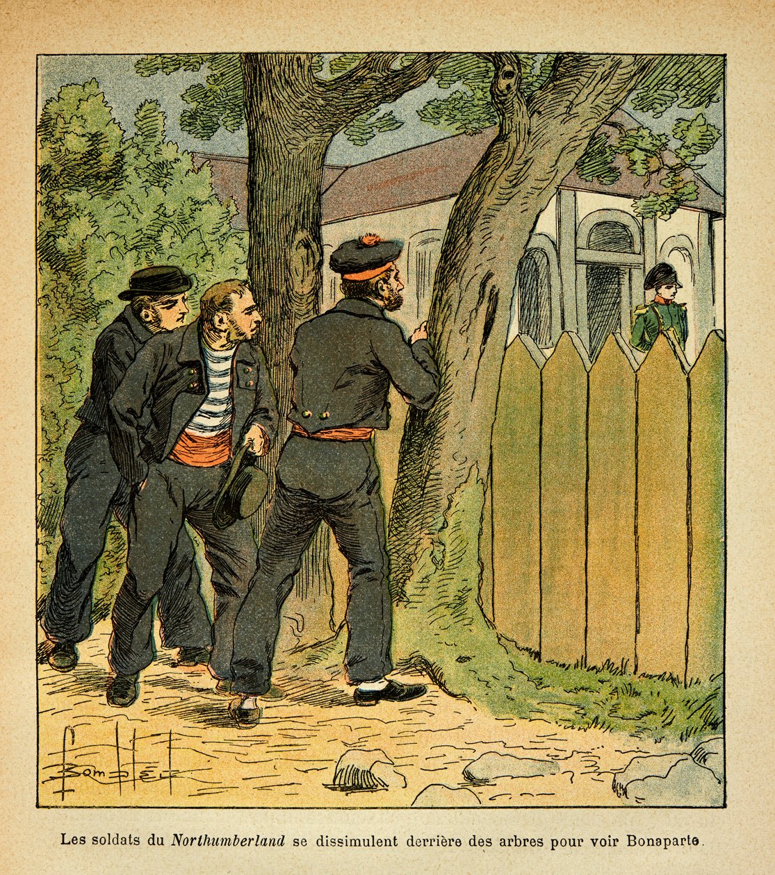 Illustration af Bombled Louis (1862-1927) fra bogen "The Memorial of Saint Helene" af grev Emmanuel de Las Cases (1766-1842): Ved St. Helene gemmer sømændene fra Northumberland sig for at se kejser Napoleon, privatsamling af Louis Charles Bombled
