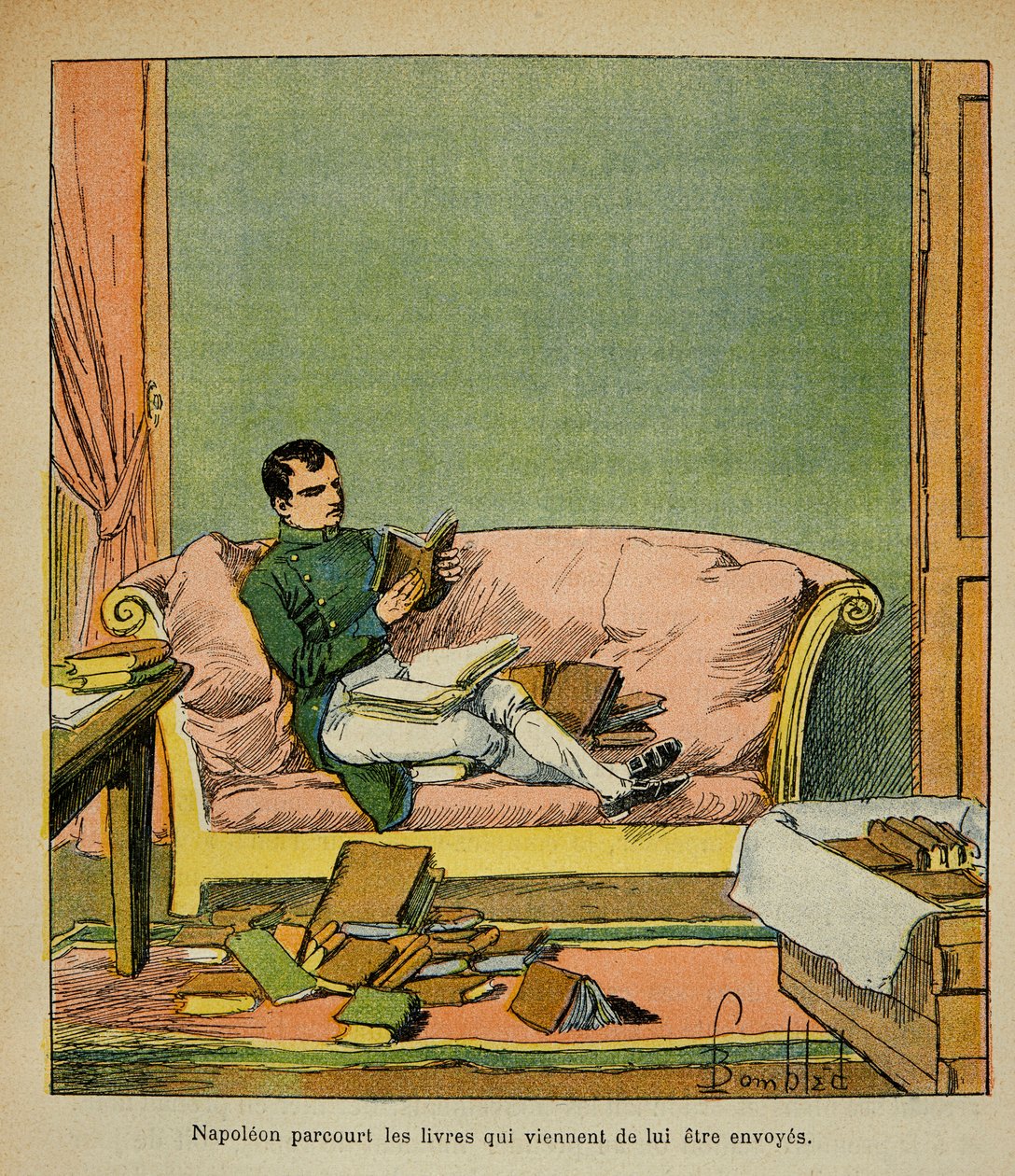 Illustration af Bombled Louis (1862-1927) fra bogen "The Memorial of Saint Helene" af Grev Emmanuel de Las Cases (1766-1842): Kejser Napoleon rejser gennem de bøger, der netop er blevet sendt til St. Helene, Privatsamling af Louis Charles Bombled