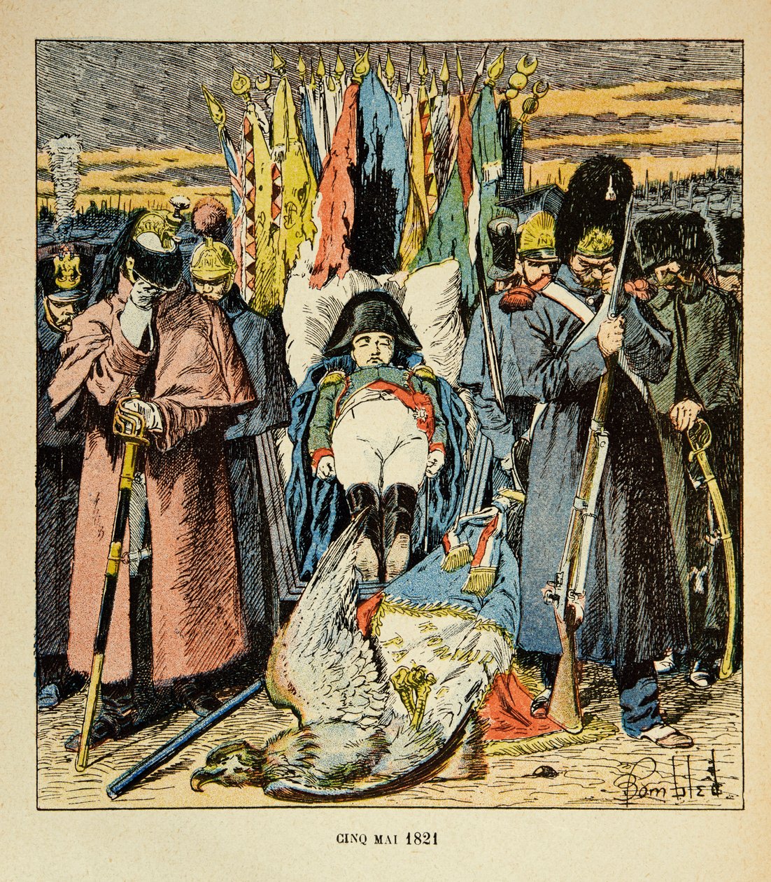 Illustration af Bombled Louis (1862-1927) fra bogen "The Memorial of Saint Helene" af Grev Emmanuel de Las Cases (1766-1842): Allegory, The Armee hylder kejseren efter hans død, Privatsamling af Louis Charles Bombled