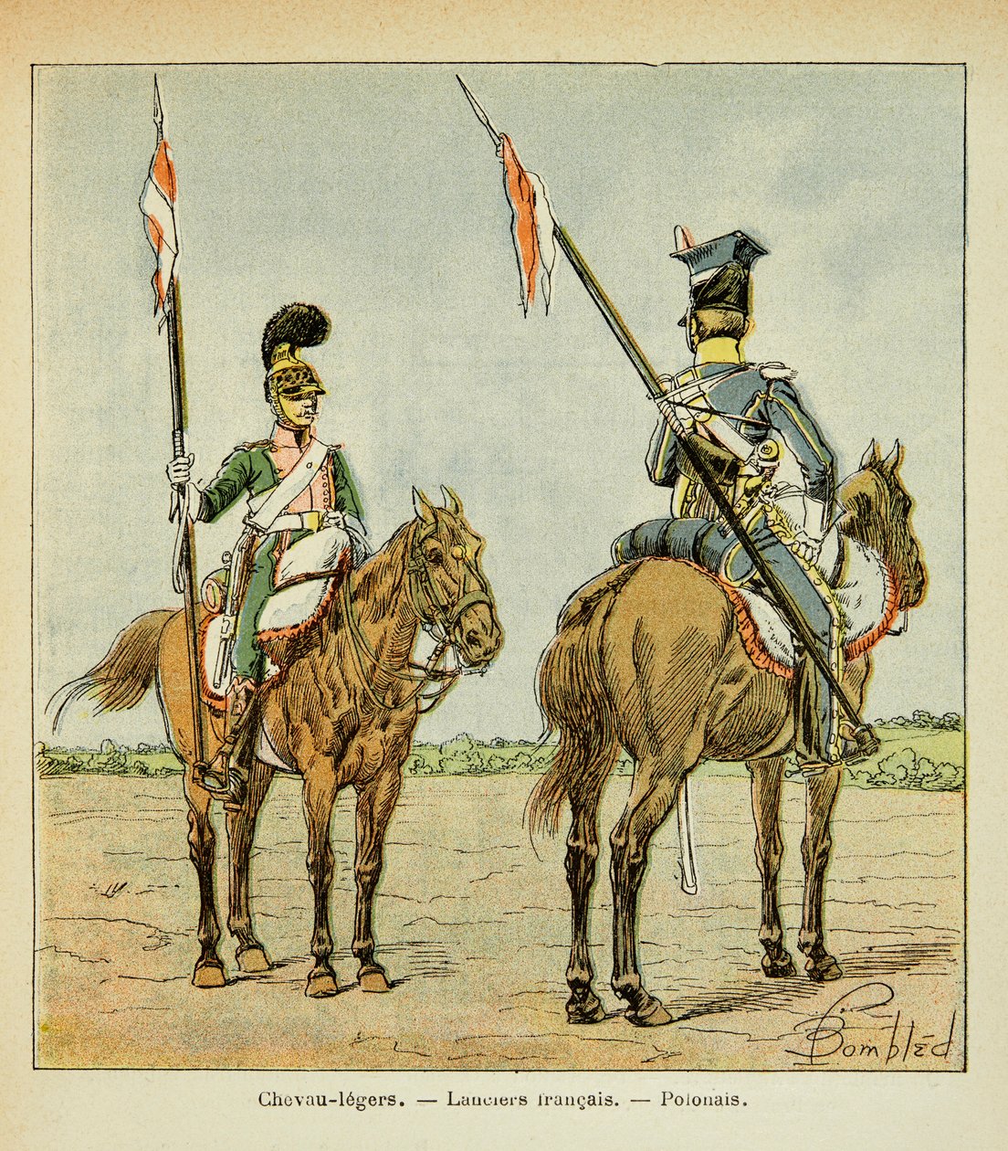 Illustration af Bombled Louis (1862-1927) fra bogen "The Memorial of Saint Helene" af Grev Emmanuel de Las Cases (1766-1842): Gardens lette heste: fransk og polsk Lancier, privat samling af Louis Charles Bombled