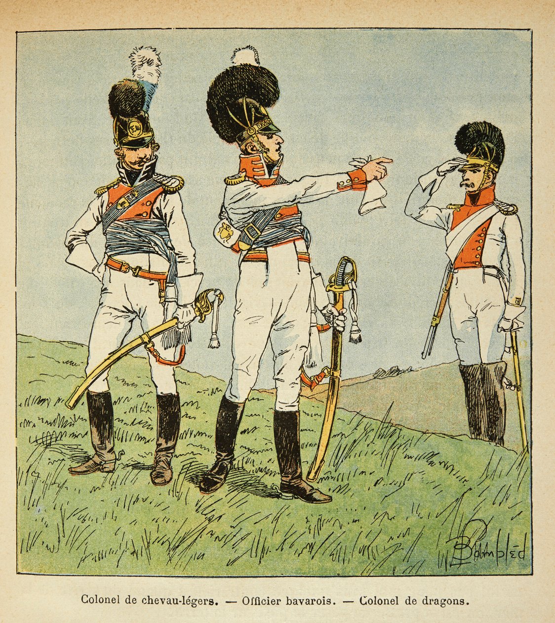 Illustration af Bombled Louis (1862-1927) fra bogen "The Memorial of Saint Helene" af Grev Emmanuel de Las Cases (1766-1842): Bavarian Military: Oberst af Light Horses; bayersk officer; Oberst af Dragons, privat samling af Louis Charles Bombled