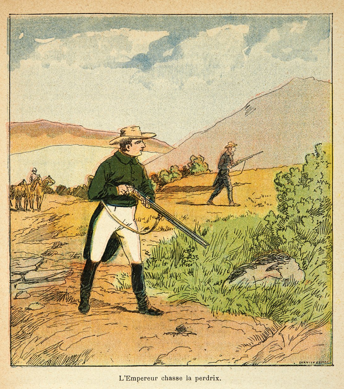 Illustration af Bombled Louis (1862-1927) fra bogen "The Memorial of Saint Helene" af Grev Emmanuel de Las Cases (1766-1842): Napoleon på jagt med Las Cases i Ste Helene i august 1816, privat samling af Louis Charles Bombled