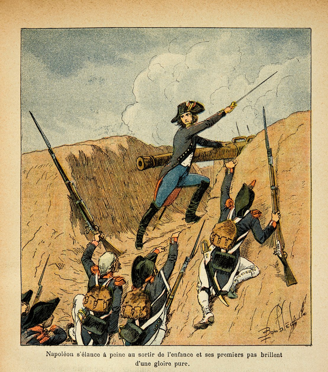 Illustration af Bombled Louis (1862-1927) fra bogen "The Memorial of Saint Helene" af grev Emmanuel de Las Cases (1766-1842);: Bonaparte angriber i spidsen for sine tropper, privat samling af Louis Charles Bombled