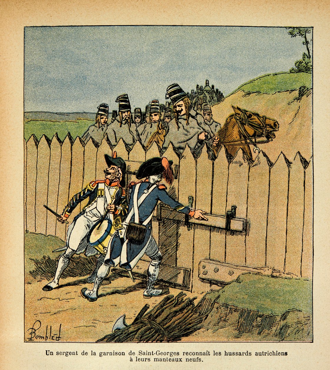 Illustration af Bombled Louis (1862-1927) fra bogen "The Memorial of Saint Helene" af Grev Emmanuel de Las Cases (1766-1842): Under det italienske felttog genkendte en sergent fra garnisonen St George de østrigske husarer med deres nye frakker, Pr af Louis Charles Bombled