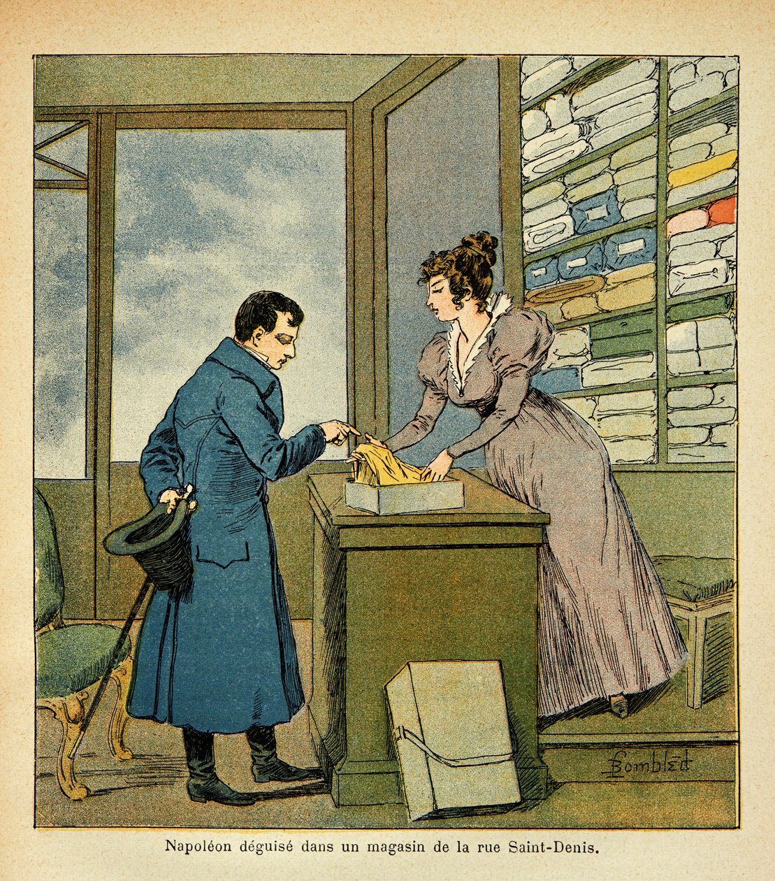Illustration af Bombled Louis (1862-1927) fra bogen "The Memorial of Saint Helene" af grev Emmanuel de Las Cases (1766-1842): Kejser Napoleons forklædning i en butik på Rue Saint Denis, privat samling af Louis Charles Bombled