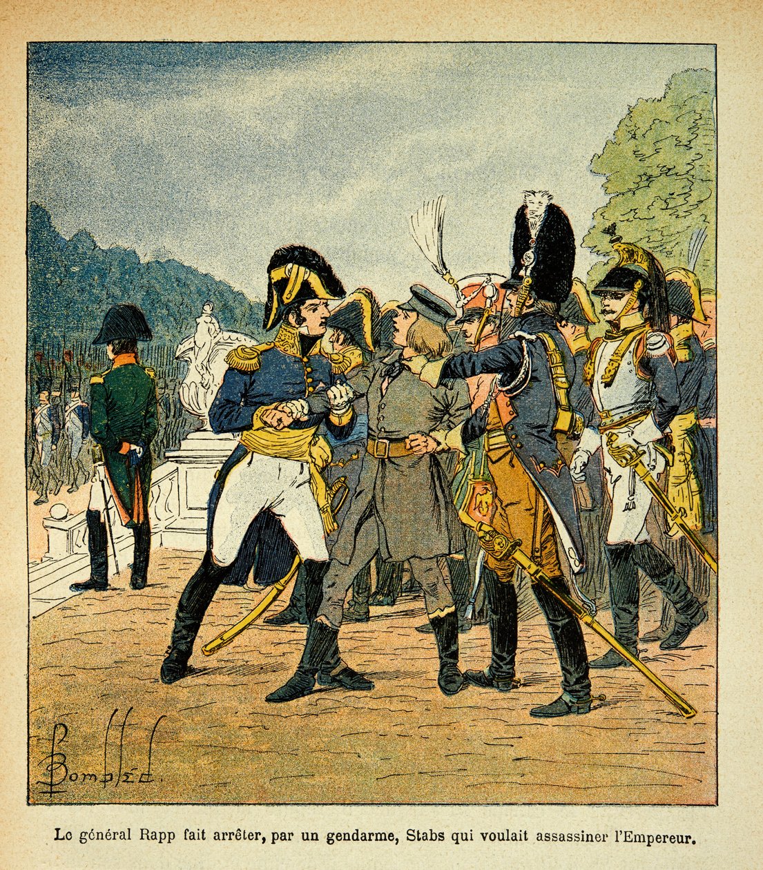 Illustration af Bombled Louis (1862-1927) fra bogen "The Memorial of Saint Helene" af Grev Emmanuel de Las Cases (1766-1842): General Rapp arresterer, af en gendarme, de unge Stabs, som ønskede at myrde kejser Napoleon, Delvis samling af Louis Charles Bombled