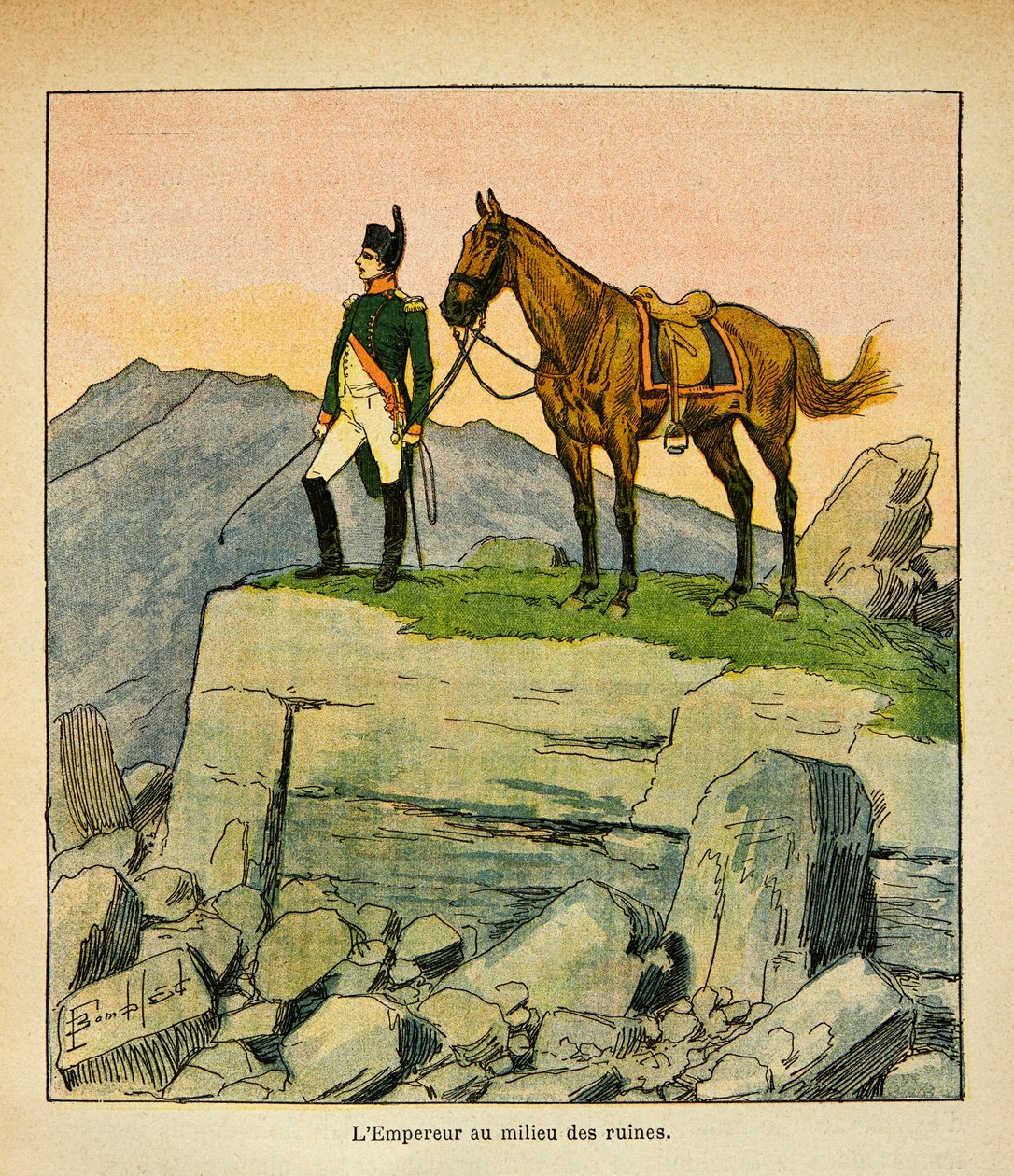Illustration af Bombled Louis (1862-1927) fra bogen "The Memorial of Saint Helene" af Grev Emmanuel de Las Cases (1766-1842): Kejser Napoleon midt i ruinerne, Privatsamling af Louis Charles Bombled