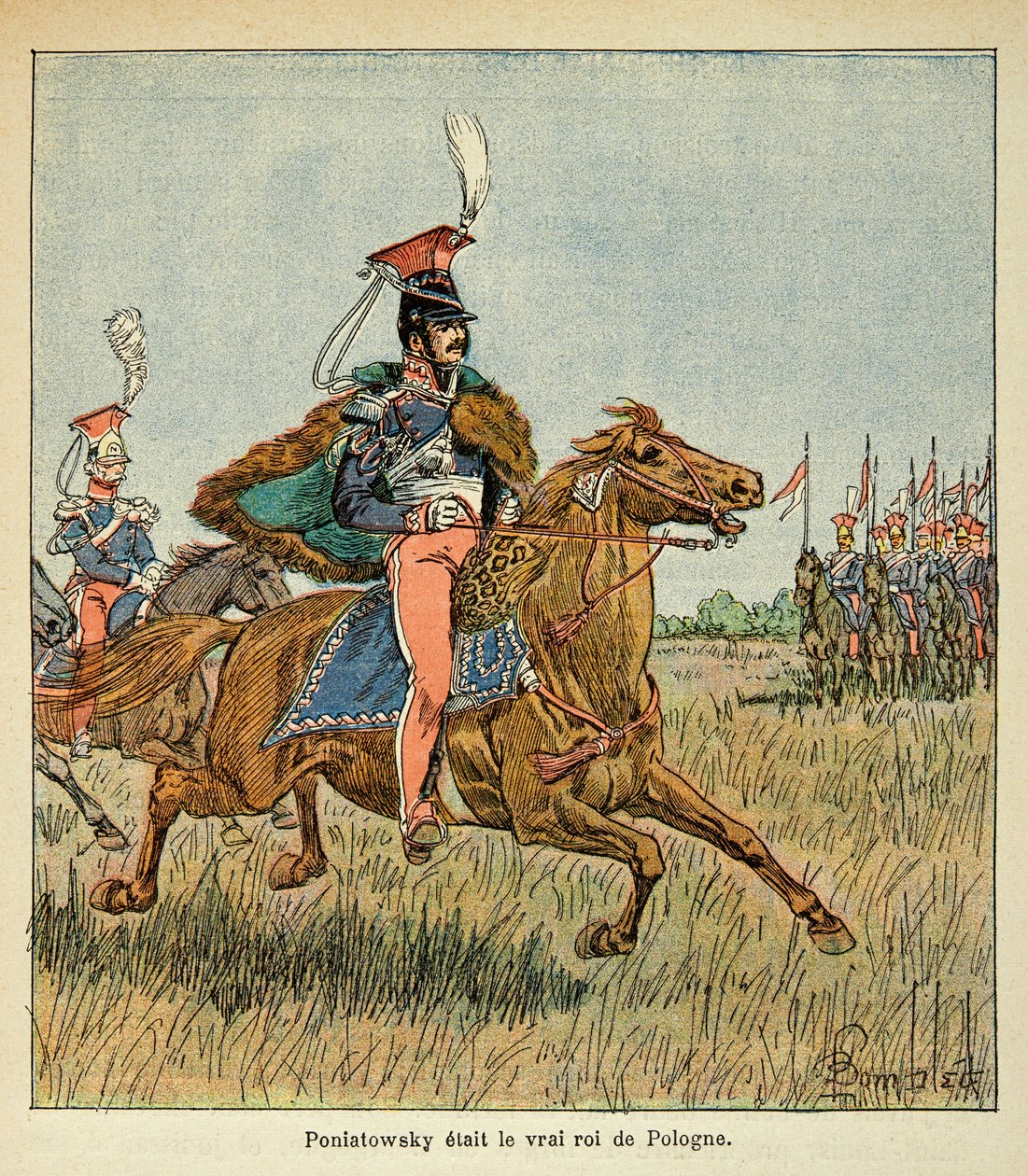 Illustration af Bombled Louis (1862-1927) fra bogen "The Memorial of Saint Helene" af grev Emmanuel de Las Cases (1766-1842): Marechal Jozef Antoni Poniatowski (1763-1813) før sine tropper, Privat samling af Louis Charles Bombled