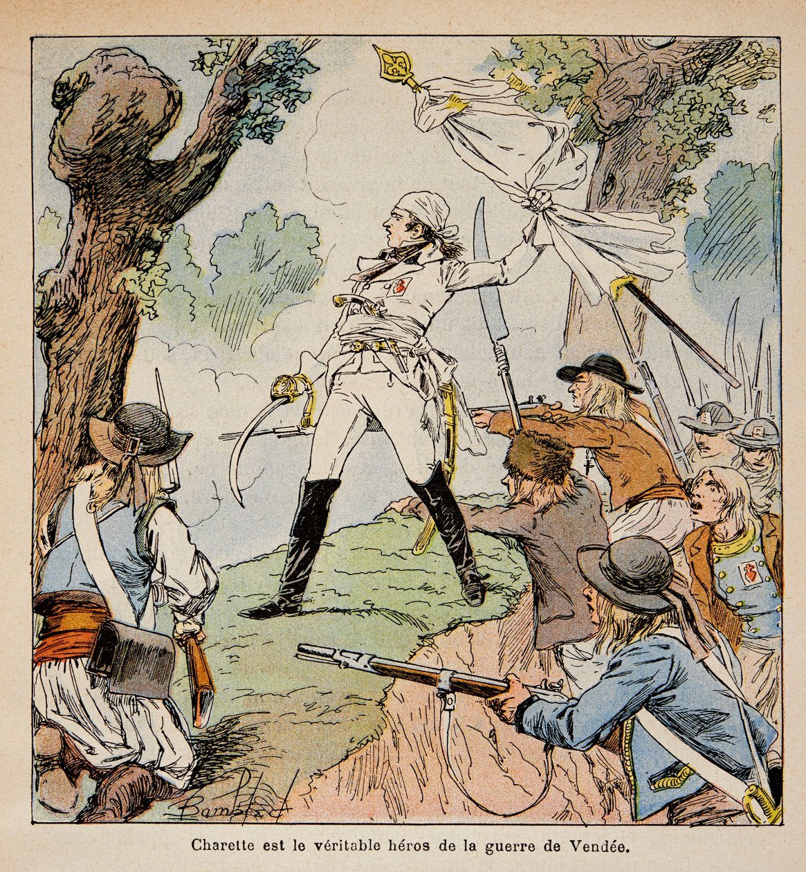 Illustration af Bombled Louis (1862-1927) fra bogen "The Memorial of Saint Helene" af Grev Emmanuel de Las Cases (1766-1842): Chief Vendeen Charrette og hans tilhængere, Privatsamling af Louis Charles Bombled
