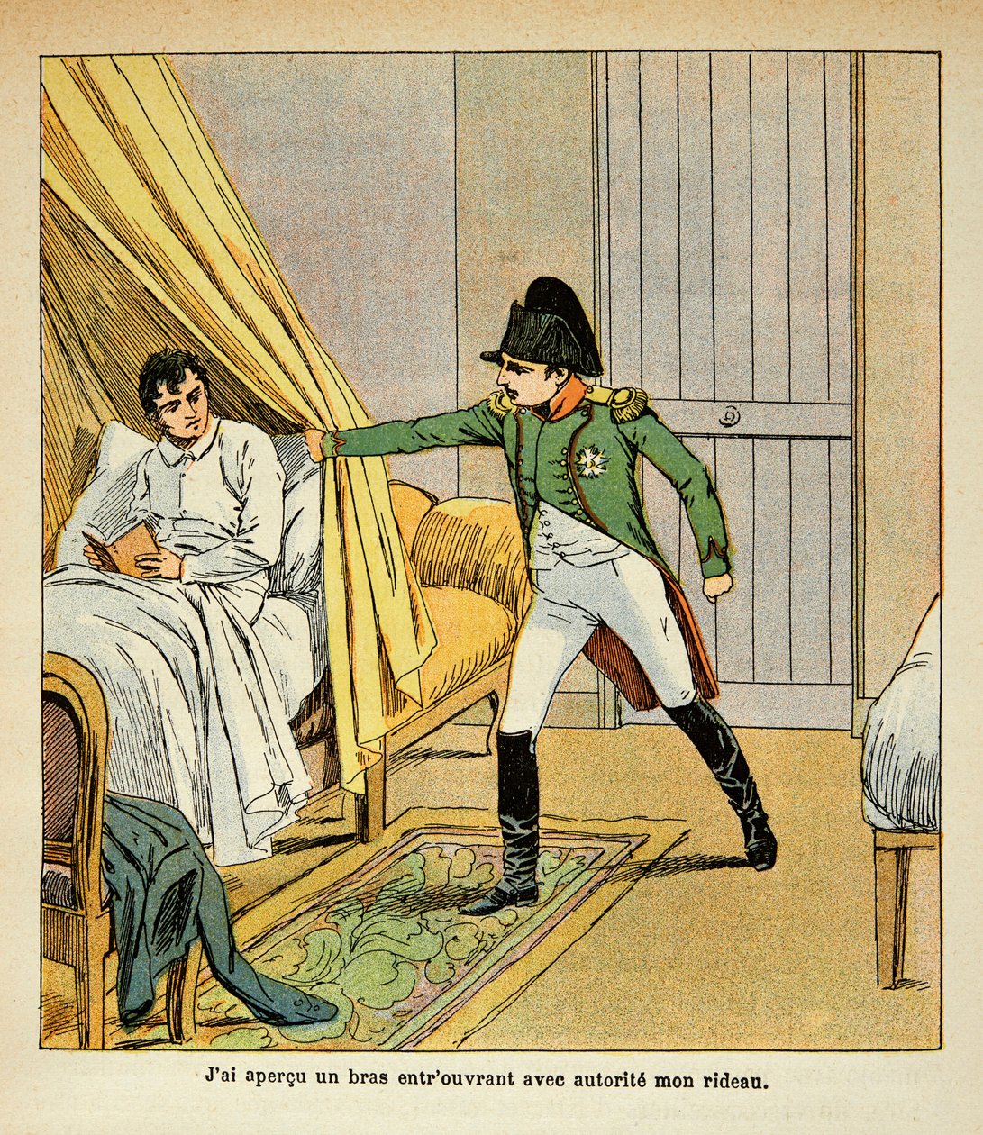 Illustration af Bombled Louis (1862-1927) fra bogen "The Memorial of Saint Helene" af Grev Emmanuel de Las Cases (1766-1842): Napoleon vækker Las Cases i sengen på St. Helene, Privat Samling af Louis Charles Bombled