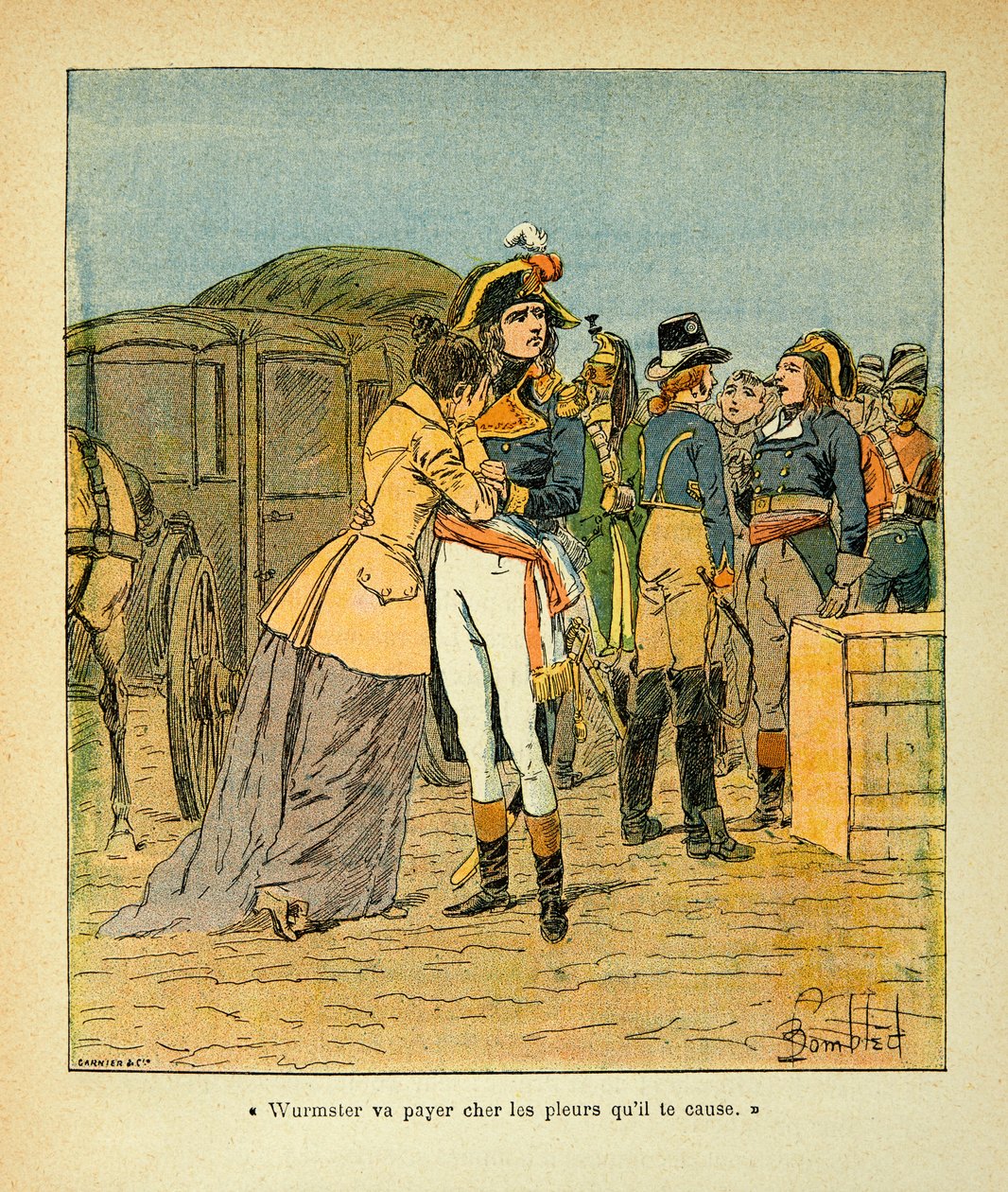 Illustration af Bombled Louis (1862-1927) fra bogen "The Memorial of Saint Helene" af Grev Emmanuel de Las Cases (1766-1842): Bonaparte trøster Josephine efter angrebet på hans bil under den italienske kampagne, Private Collection af Louis Charles Bombled