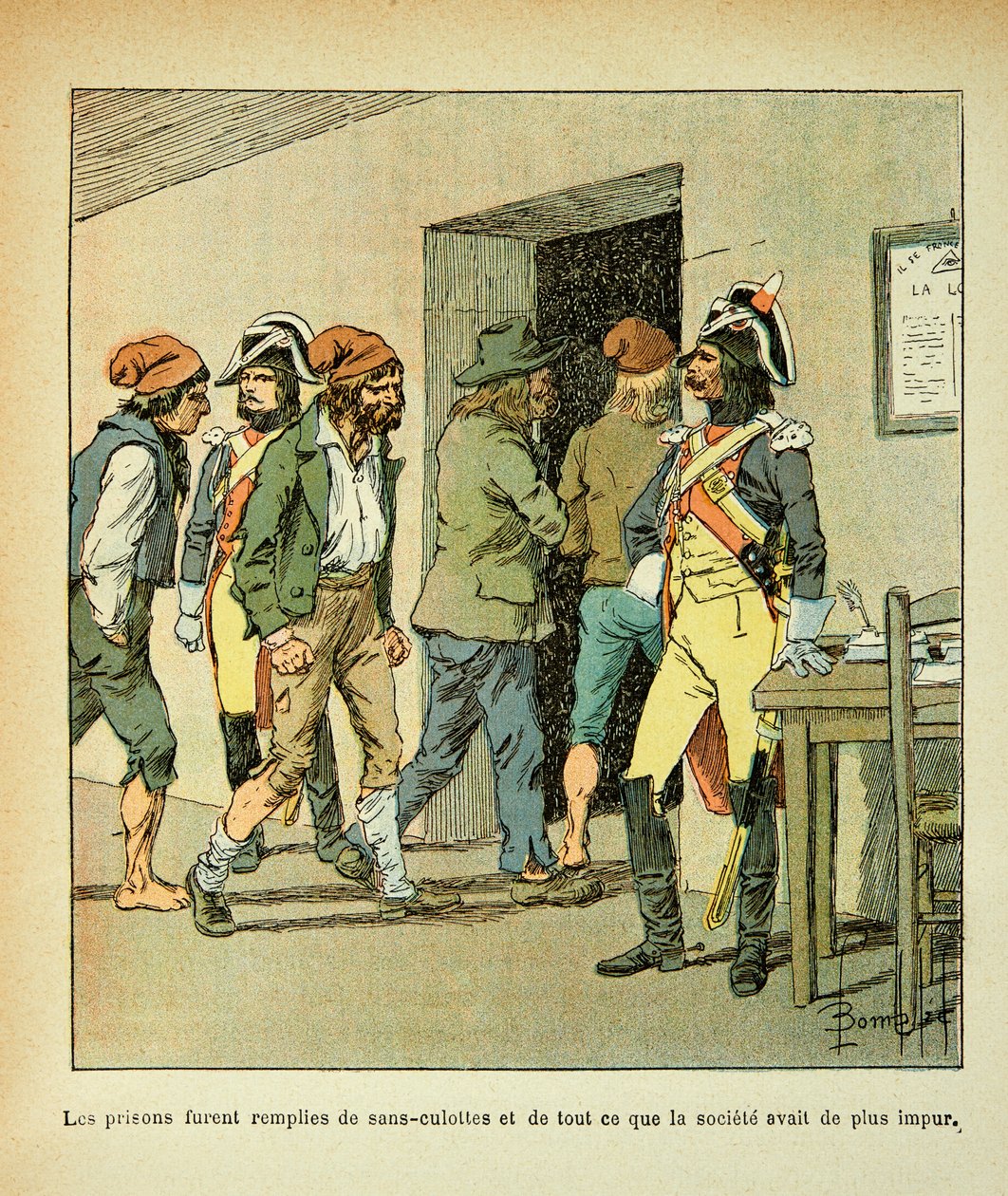 Illustration af Bombled Louis (1862-1927) fra bogen "The Memorial of Saint Helene" af Grev Emmanuel de Las Cases (1766-1842): Under den franske revolution blev fængslerne fyldt, Privat samling af Louis Charles Bombled
