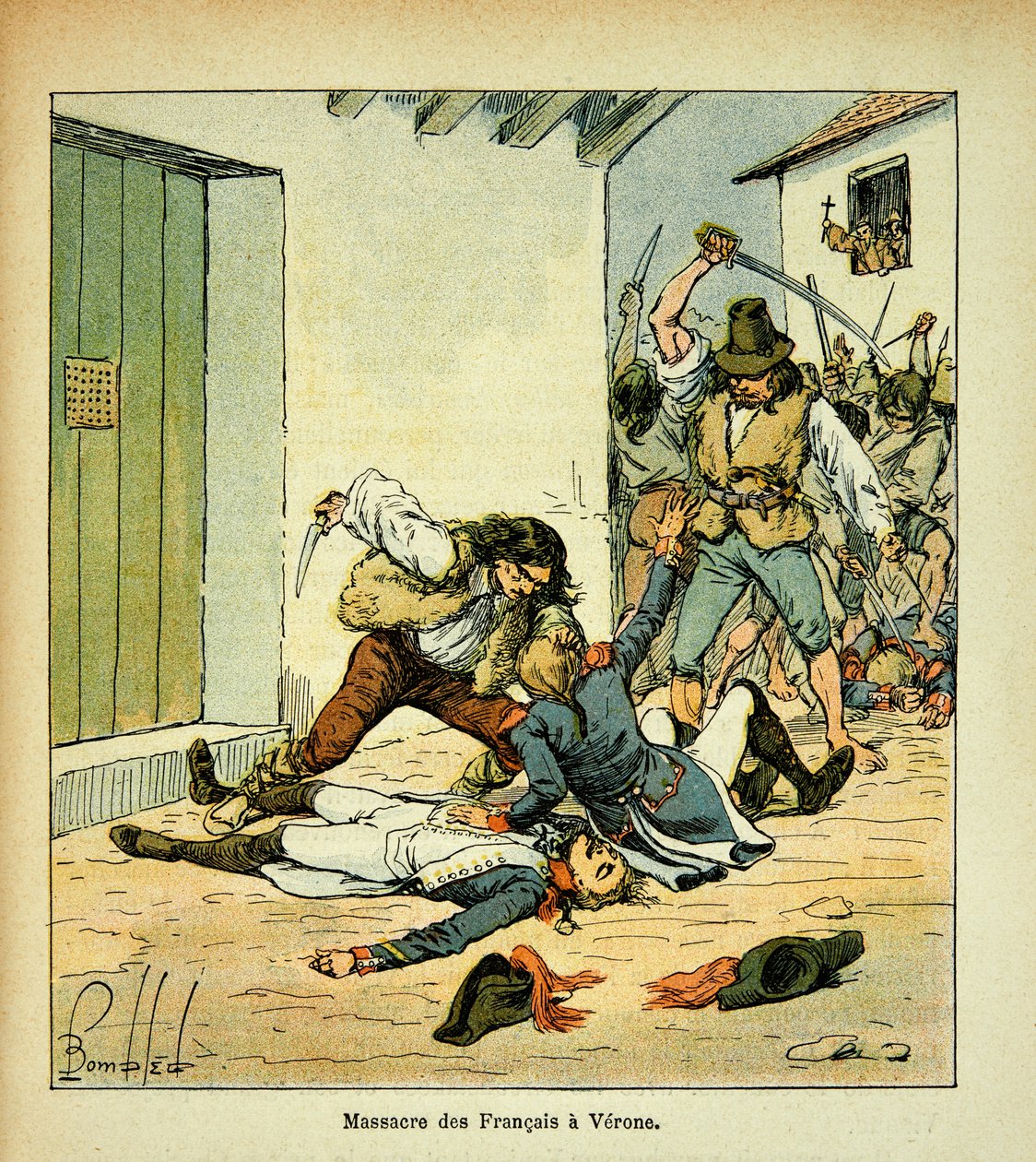Illustration af Bombled Louis (1862-1927) fra bogen "The Memorial of Saint Helene" af grev Emmanuel de Las Cases (1766-1842): Massakre på franske soldater i Verona, privat samling af Louis Charles Bombled