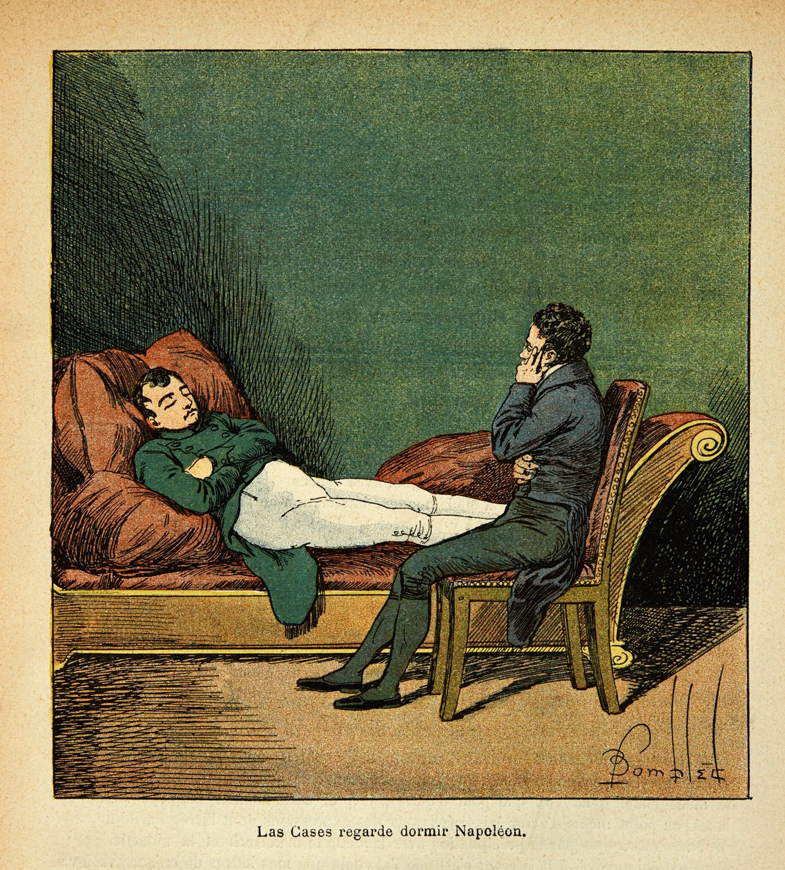 Illustration af Bombled Louis (1862-1927) fra bogen "The Memorial of Saint Helene" af grev Emmanuel de Las Cases (1766-1842): Las Cases ser på Napoleon sovende, privat samling af Louis Charles Bombled